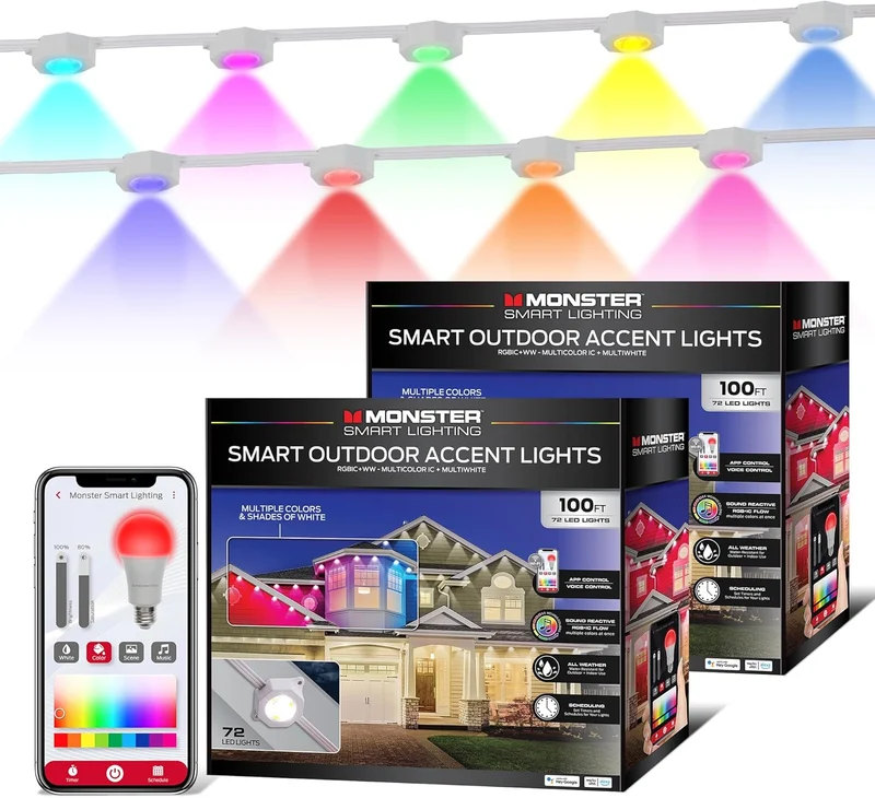 Monster Smart Permanent Outdoor Lights, 200ft, 144 LED Eaves Lights, RGB+IC+WW, Weather & Water Resistant, App & Voice Control, Compatible with Alexa & Google, Halloween, Christmas, Year-Round