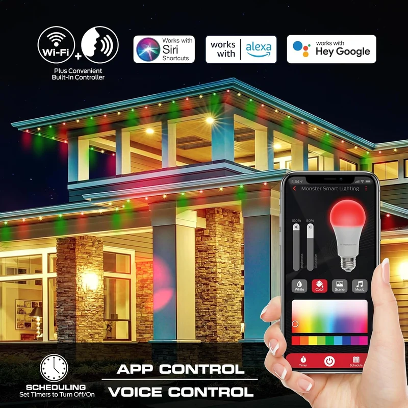 Monster Smart Permanent Outdoor Lights, 50ft, 36 LED Eaves Lights, RGB+IC+WW, Weather & Water Resistant, App & Voice Control, Compatible with Alexa and Google, for Halloween, Christmas & Year-Round