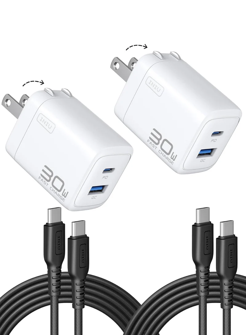 INIU 30W USB C Charger, 2-Pack PD QC 3.0 Dual Port Fast Charging, Type C Charger Block with 5ft USB-C Cable, GaN Tech Type C Power Adapter for iPhone 16 15 14 Pro Max Samsung S24 S23 S22 Ultra, White