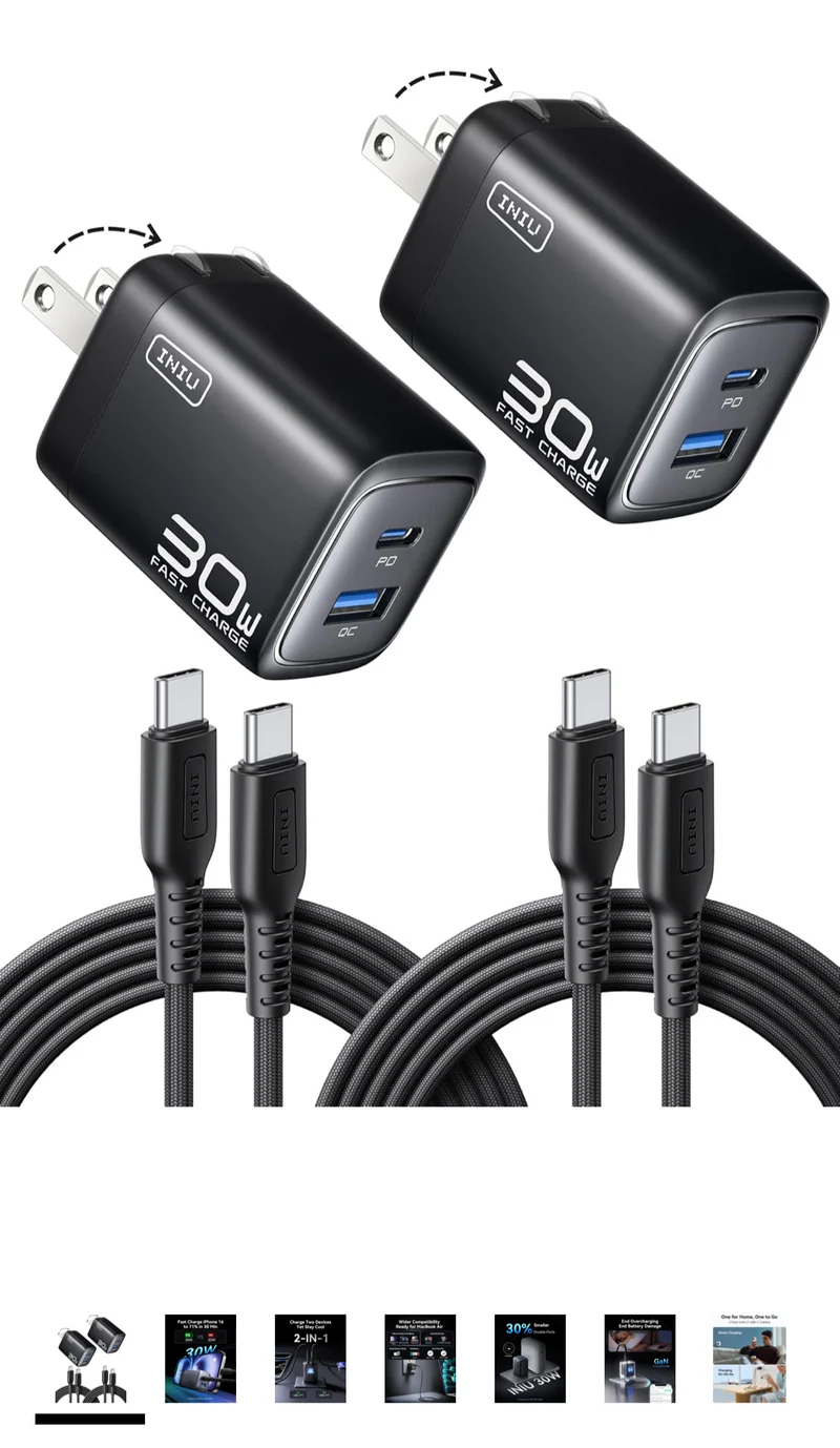 INIU USB C Charger Block, 2-Pack 30W PD Fast Charging, [USB-C + USB-A] iPhone 16 Charger with Foldable Plug, GaN Tech Type C Power Adapter for iPhone 16, 15 Pro Max, Samsung S25, S24, iPad Pro etc