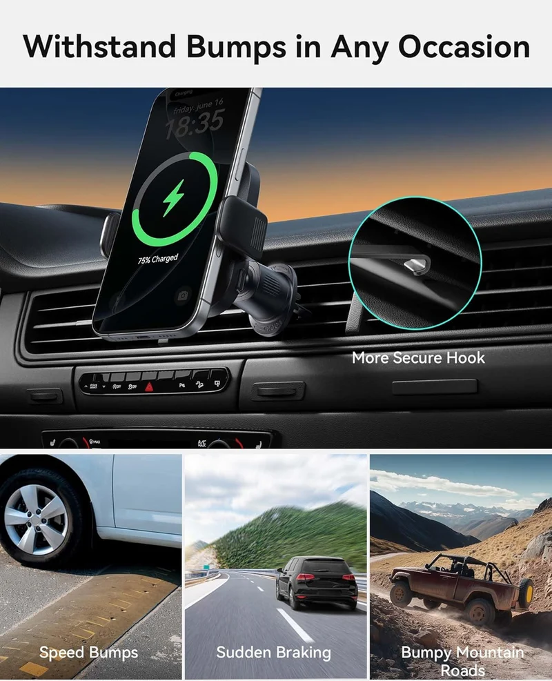INIU Car Phone Holder for Magsafe, Qi2 Certified Wireless Car Charger for Cell Phone Mount Dash【360°】 Phone Mount Auto Clamping Car Accessories Compatible with iPhone 16 15 14 13 Xs XR Samsung S23 etc