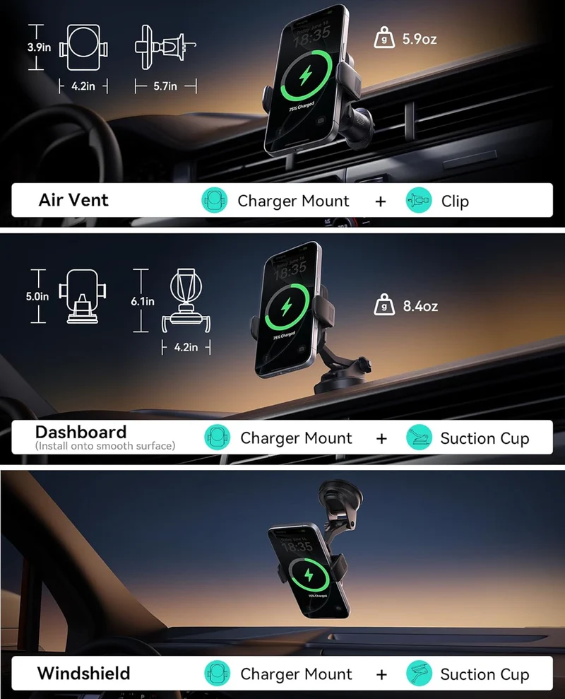 INIU Car Phone Holder for Magsafe, Qi2 Certified Wireless Car Charger for Cell Phone Mount Dash【360°】 Phone Mount Auto Clamping Car Accessories Compatible with iPhone 16 15 14 13 Xs XR Samsung S23 etc