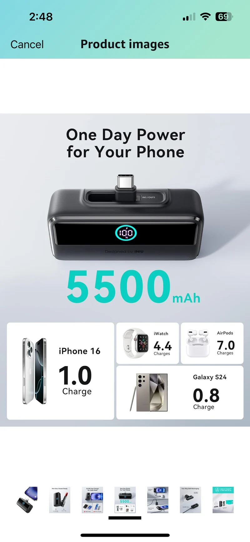 INIU Mini Portable Charger, 5500mAh Power Bank with Build-in USB-C Connector, 22.5W PD Fast Charging USB C in&Out Battery Pack, External Phone Charger for iPhone 16/15, Samsung S23 S22, Google etc