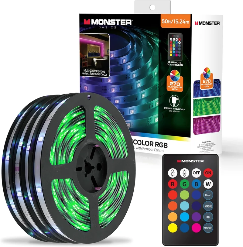 Monster 50 Foot RGB LED Light Strip with Remote Control, 270 RGB LEDs, Adhesive Backing, Coated for Moisture Protection, Dimmable, 24V Plug, 4 Modes Including Strobe, Flash, Fade & Smooth