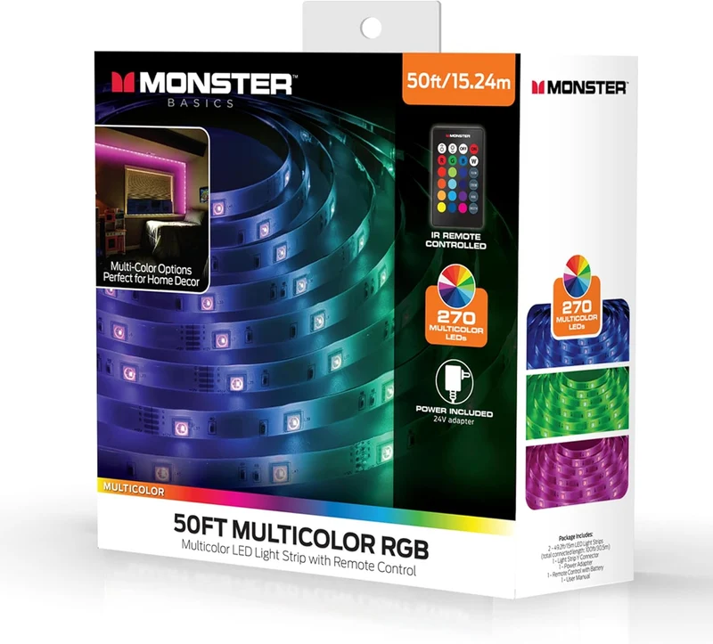 Monster 50 Foot RGB LED Light Strip with Remote Control, 270 RGB LEDs, Adhesive Backing, Coated for Moisture Protection, Dimmable, 24V Plug, 4 Modes Including Strobe, Flash, Fade & Smooth