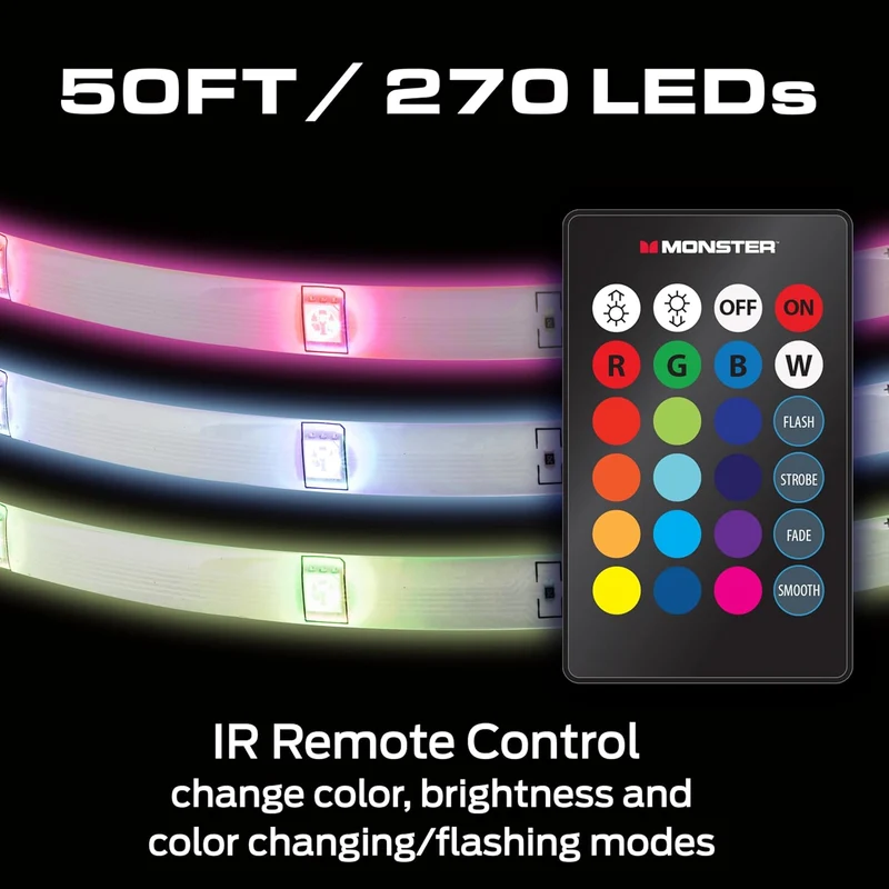 Monster 50 Foot RGB LED Light Strip with Remote Control, 270 RGB LEDs, Adhesive Backing, Coated for Moisture Protection, Dimmable, 24V Plug, 4 Modes Including Strobe, Flash, Fade & Smooth