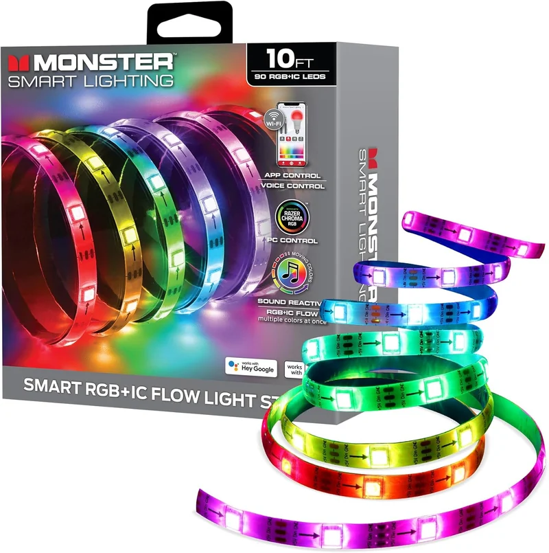 Monster Smart RGB+IC LED Strip Lights 10ft – Sound Reactive Strip Lights for Bedroom, App & Voice Control, RGB Light Strip for Room, Alexa Google Home, Razer Chroma Sync - 90 RGB+IC LED Lights
