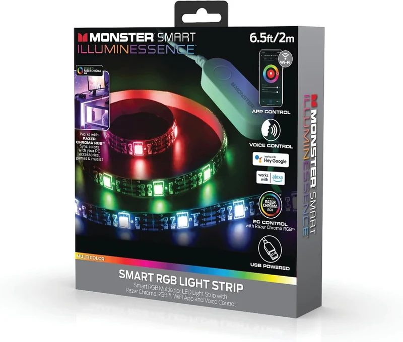 LED Strip Short Wi-Fi Multi-Color LED Light Strip Monster 6.5Ft, Smart App, Customizable Settings, Any Space, Voice-Control, Alexa, Google Assistant, Easy Installation