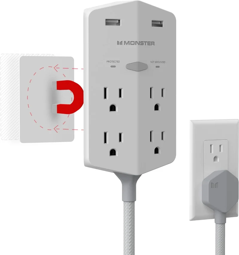 Monster Power Shield XL Surge Protector with Outlet Extender, Multiple Plug Outlet with 4 AC Outlets and 2 USB-A Ports, Reliable Wall Outlet with USB Ports