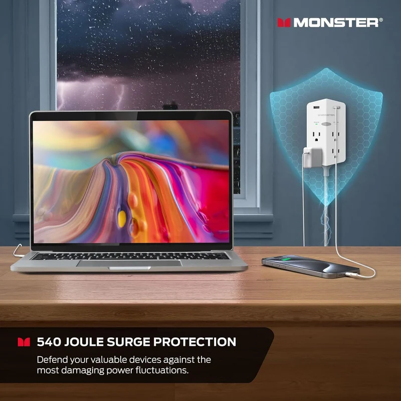 Monster Power Shield XL Surge Protector with Outlet Extender, Multiple Plug Outlet with 4 AC Outlets and 2 USB-A Ports, Reliable Wall Outlet with USB Ports