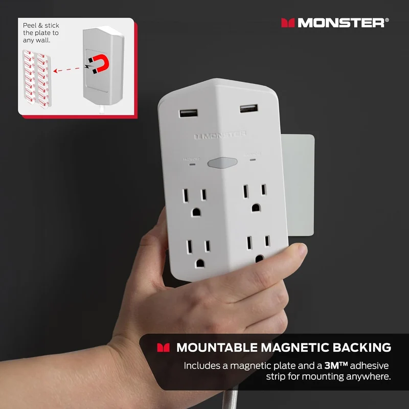 Monster Power Shield XL Surge Protector with Outlet Extender, Multiple Plug Outlet with 4 AC Outlets and 2 USB-A Ports, Reliable Wall Outlet with USB Ports