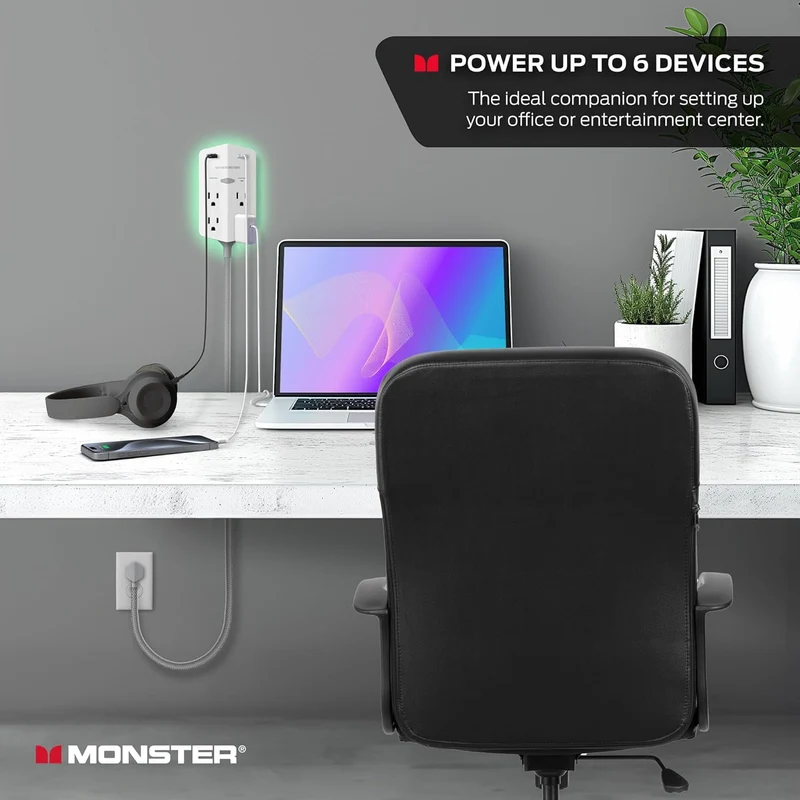 Monster Power Shield XL Surge Protector with Outlet Extender, Multiple Plug Outlet with 4 AC Outlets and 2 USB-A Ports, Reliable Wall Outlet with USB Ports