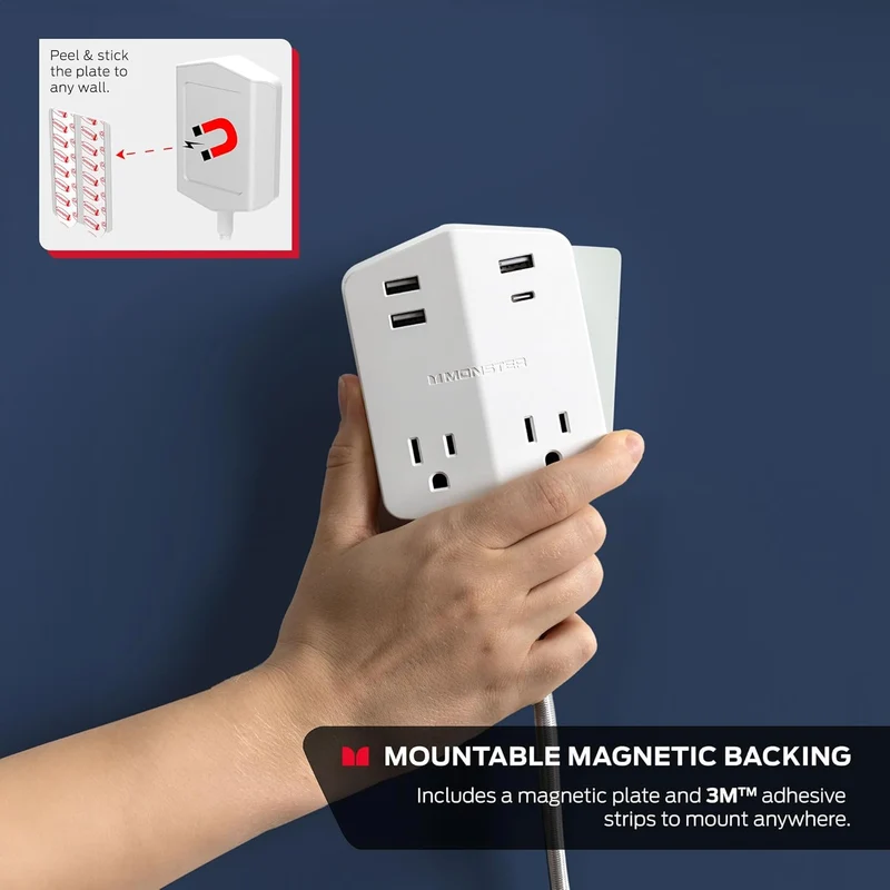 Monster Power Shield: Magnetic Wall Outlet Extender, Multiple Plug Outlet with 2 AC Outlets, 3 USB-A Ports, & 1 USB-C Port (20W)