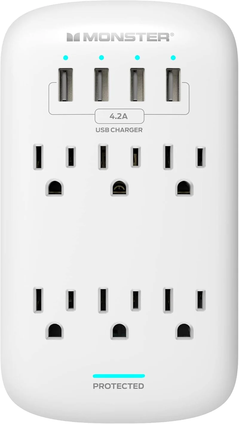 Monster Wall Tap Plug 6-Outlet Extender with Outlet Surge Protector for Home, Travel, Office, Home Appliances, Computers, and Smart Phone Devices – 4 USB Ports, 980J, and ETL Listed