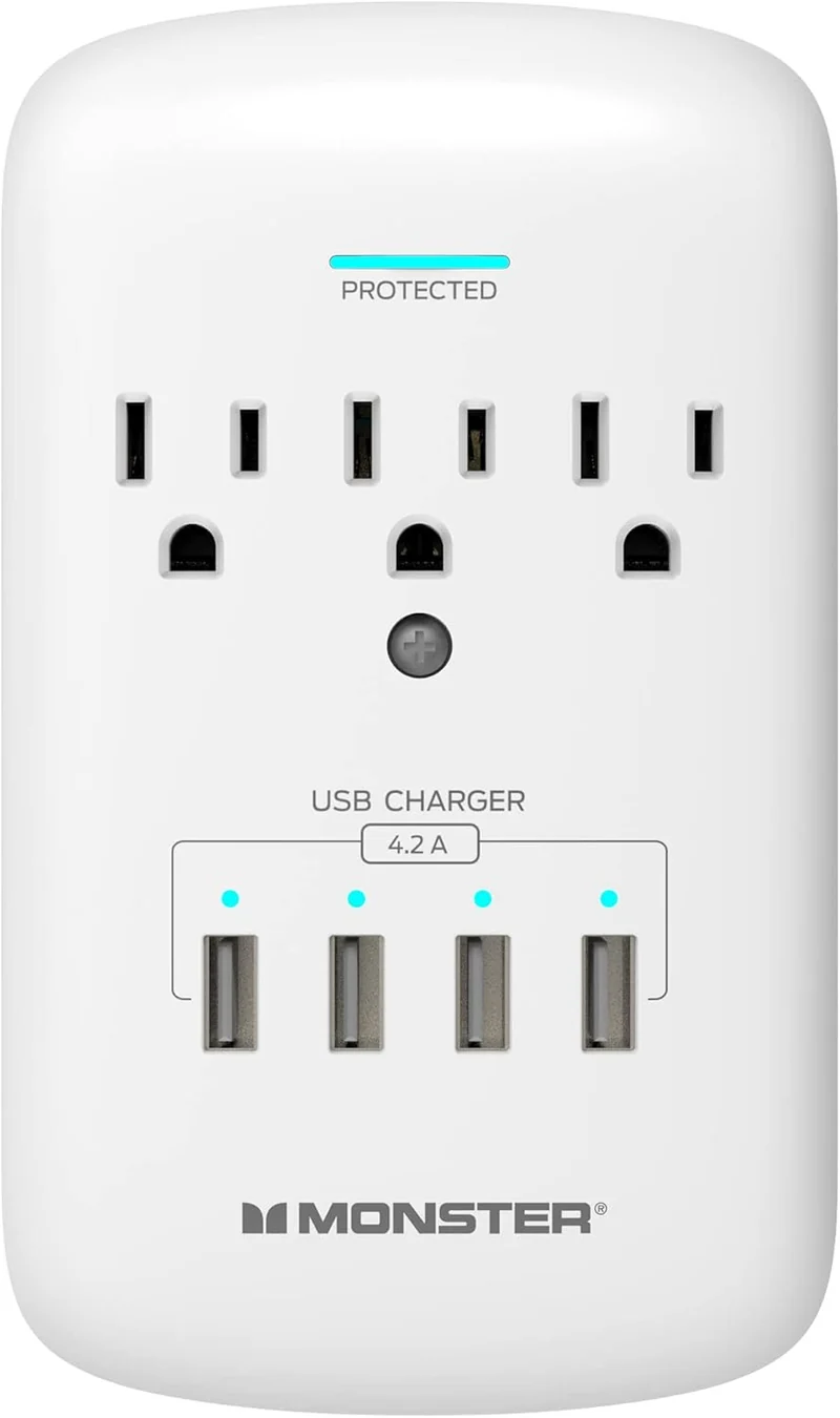 Monster Wall Tap Plug 3-Outlet Extender with Outlet Surge Protector for Home, Travel, Office, Home Appliances, Computers, and Smart Phone Devices - 4 USB Ports, 300J, and ETL Listed