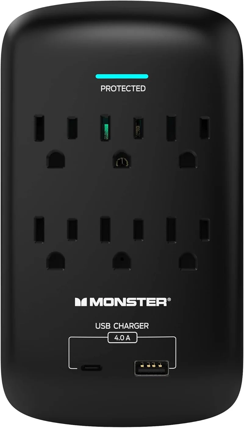 Monster Wall Tap Plug 6-Outlet Extender with Outlet Surge Protector for Home, Travel, Office, Home Appliances, Computers, and Smart Phone Devices – 2 USB Ports, 1200J, and ETL Listed
