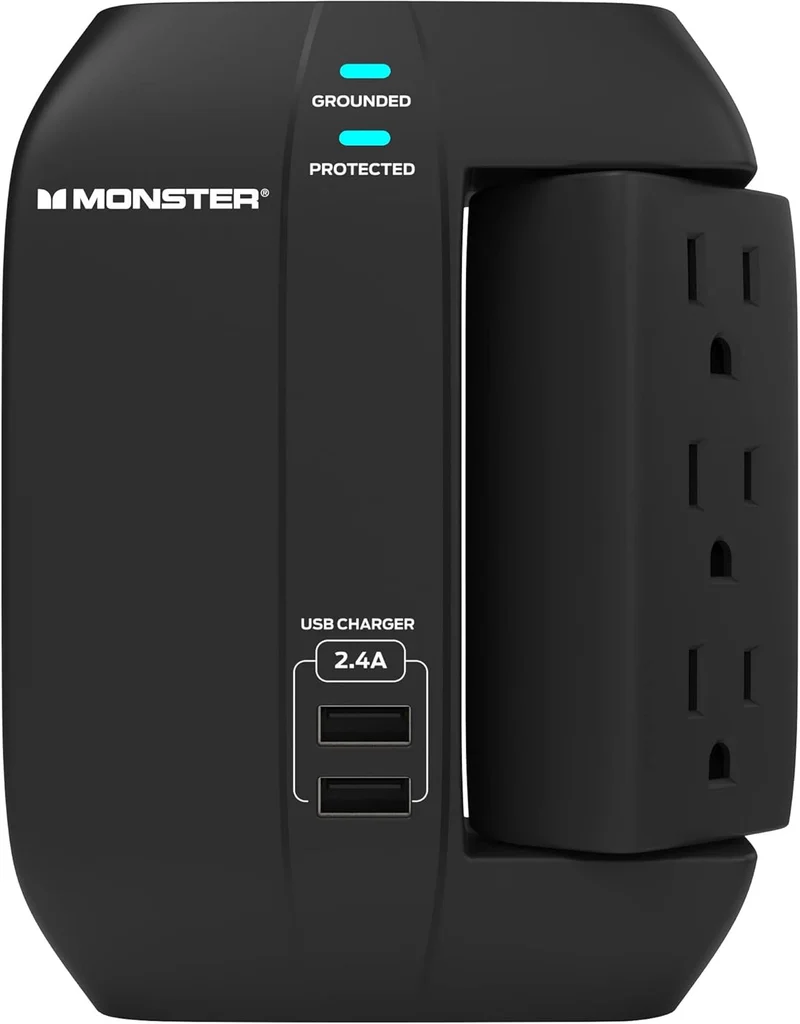 Monster Wall Tap Plug 6-Outlet Extender with Outlet Surge Protector for Home, Travel, Office, Home Appliances, Computers, and Smart Phone Devices - 2 USB Ports, 450J, and ETL Listed
