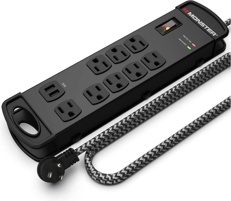 Monster Pro MI Professional Surge Protector Power Strip with Fireproof MOV Technology for Computers, Amplifiers, Pedal Boards, and Pro Audio Gear - 1960 Joule, 15 ft Cord, 8 Outlet, 2 USB