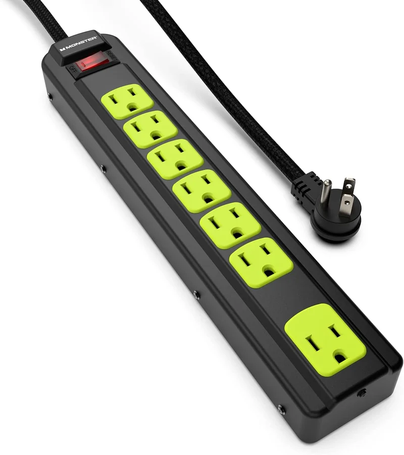 Monster Workshop Heavy-Duty Garage Power Strip Surge Protector - Mountable Heavy-Duty Wide-Spaced 7 Grounded AC Outlets with 4ft Angled Flat Plug - 1200 Joules - ETL Listed