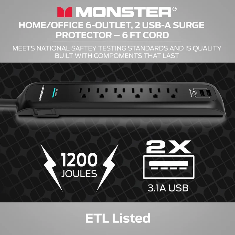Monster 6ft Heavy Duty Black Power Strip and Tower Surge Protector, 1200 Joule Rating, 6 120V-Outlets, and 2 USB-A Ports- Ideal for Computers, Home Theatre, Home Appliances, and Office Equipment