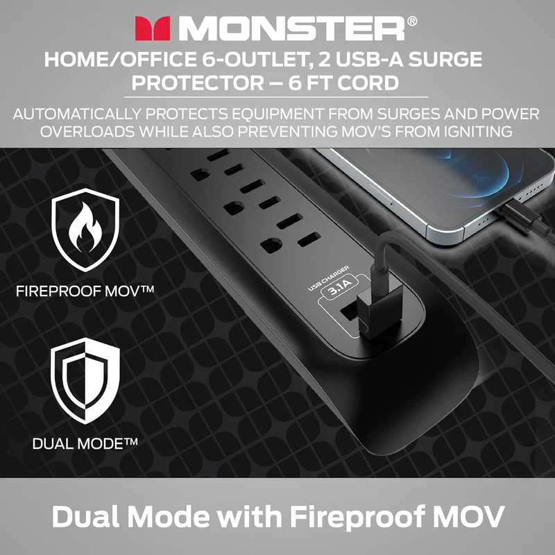 Monster 6ft Heavy Duty Black Power Strip and Tower Surge Protector, 1200 Joule Rating, 6 120V-Outlets, and 2 USB-A Ports- Ideal for Computers, Home Theatre, Home Appliances, and Office Equipment