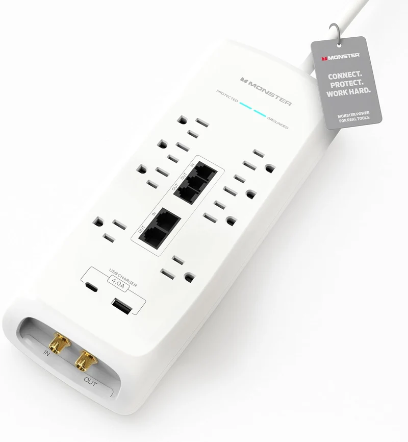 Monster Power Surge Protector w/ 4,050 Jules Rating — Heavy Duty Power Strips with Surge Protection, 8 Outlets, USB-A & USB-C, 2 Coax, 5 Ethernet Ports, Fireproof MOV, Dual Mode (6FT Cord, White)