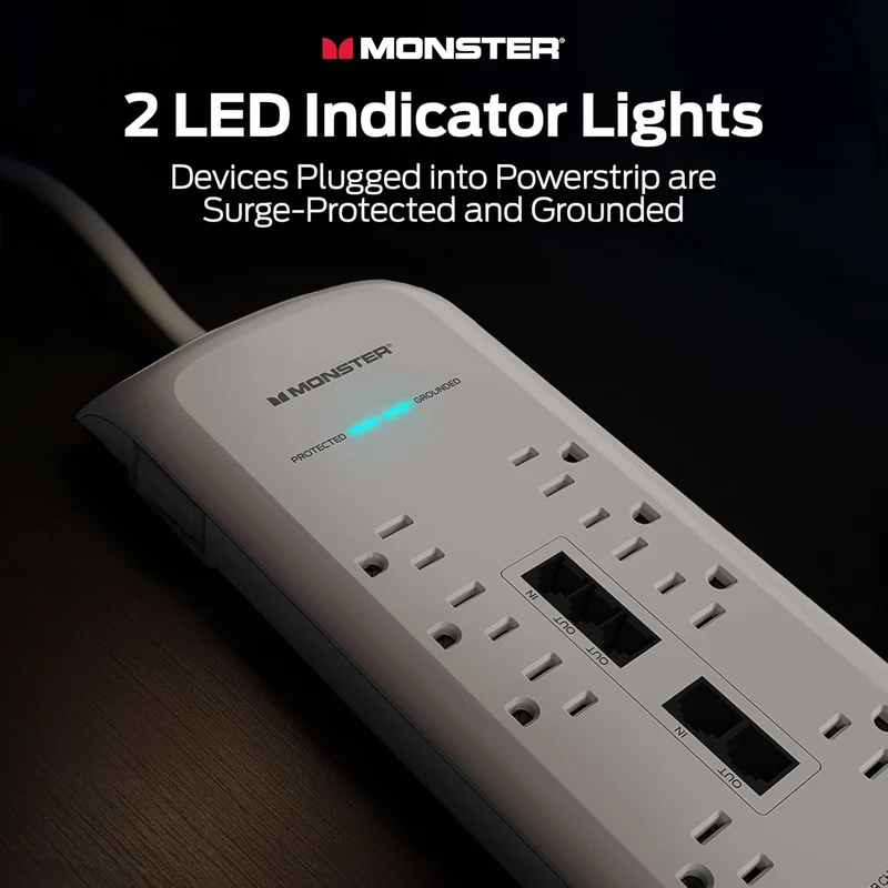 Monster Power Surge Protector w/ 4,050 Jules Rating — Heavy Duty Power Strips with Surge Protection, 8 Outlets, USB-A & USB-C, 2 Coax, 5 Ethernet Ports, Fireproof MOV, Dual Mode (6FT Cord, White)