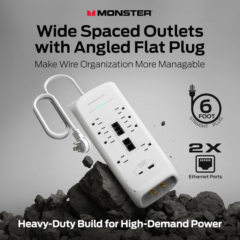 Monster Power Surge Protector w/ 4,050 Jules Rating — Heavy Duty Power Strips with Surge Protection, 8 Outlets, USB-A & USB-C, 2 Coax, 5 Ethernet Ports, Fireproof MOV, Dual Mode (6FT Cord, White)