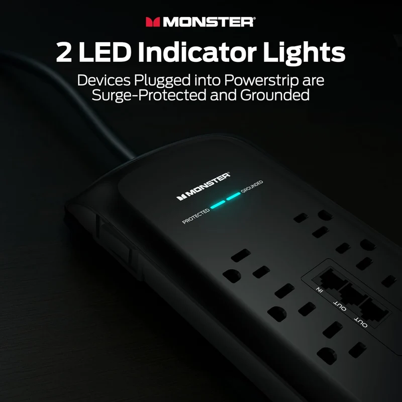 Monster Power Surge Protector w/ 4,050 Jules Rating — Heavy Duty Power Strips with Surge Protection, 8 Outlets, USB-A & USB-C, 2 Coax, 5 Ethernet Ports, Fireproof MOV, Dual Mode (6FT Cord, Black)