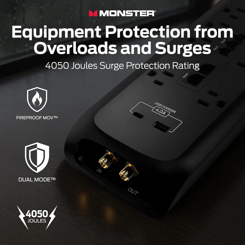Monster Power Surge Protector w/ 4,050 Jules Rating — Heavy Duty Power Strips with Surge Protection, 8 Outlets, USB-A & USB-C, 2 Coax, 5 Ethernet Ports, Fireproof MOV, Dual Mode (6FT Cord, Black)