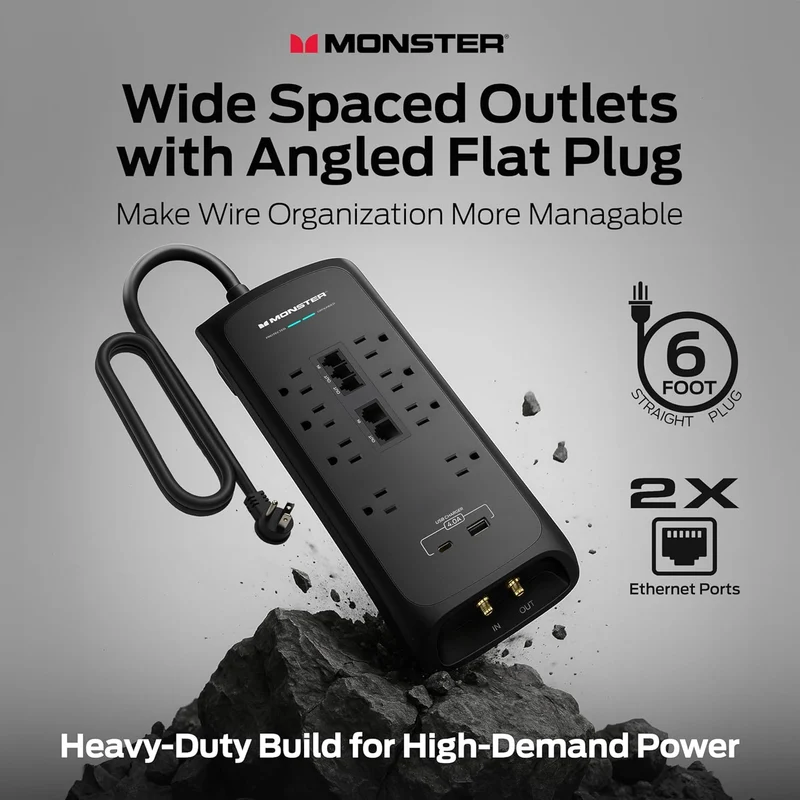 Monster Power Surge Protector w/ 4,050 Jules Rating — Heavy Duty Power Strips with Surge Protection, 8 Outlets, USB-A & USB-C, 2 Coax, 5 Ethernet Ports, Fireproof MOV, Dual Mode (6FT Cord, Black)