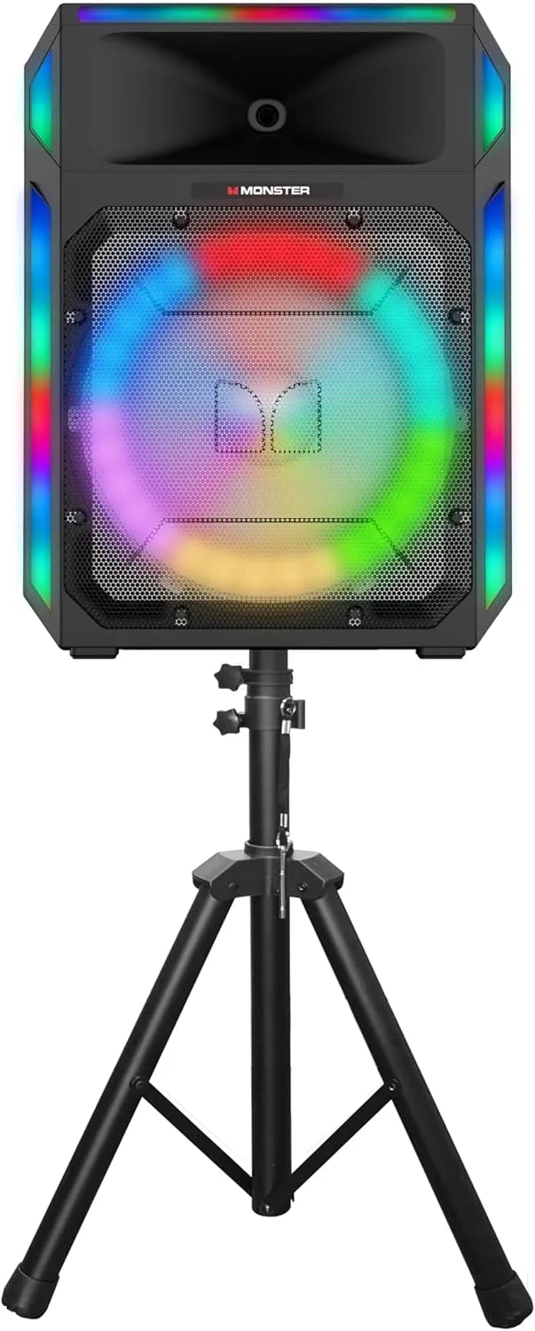 Monster X6 All-in-One Bluetooth Speaker System, Party Speaker, PA | 600W Power, 15" Sub | Beat Synced LED Lights, All Terrain Wheels, TWS Pairing, App Control | Includes Adjustable Tripod & Microphone