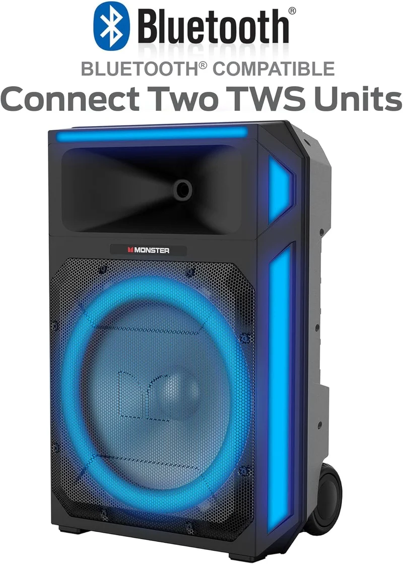 Monster X6 All-in-One Bluetooth Speaker System, Party Speaker, PA | 600W Power, 15" Sub | Beat Synced LED Lights, All Terrain Wheels, TWS Pairing, App Control | Includes Adjustable Tripod & Microphone