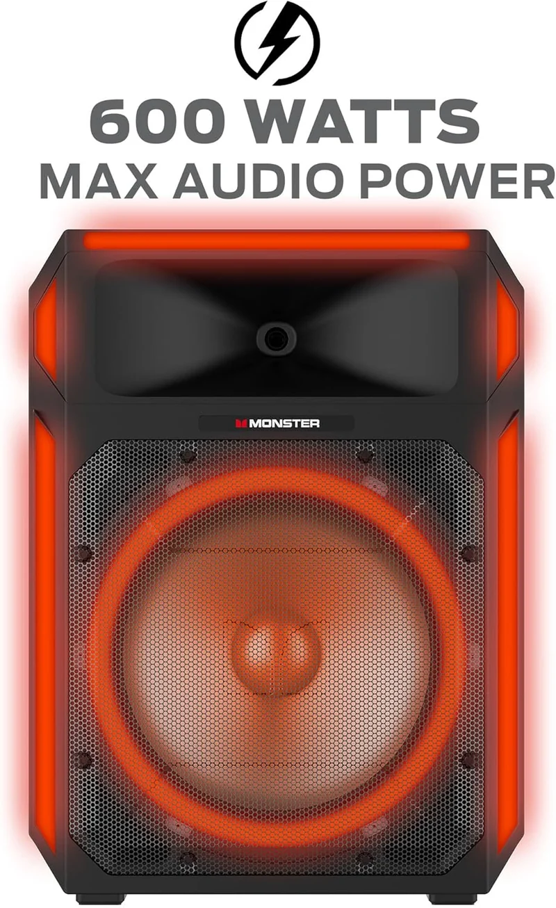 Monster X6 All-in-One Bluetooth Speaker System, Party Speaker, PA | 600W Power, 15" Sub | Beat Synced LED Lights, All Terrain Wheels, TWS Pairing, App Control | Includes Adjustable Tripod & Microphone