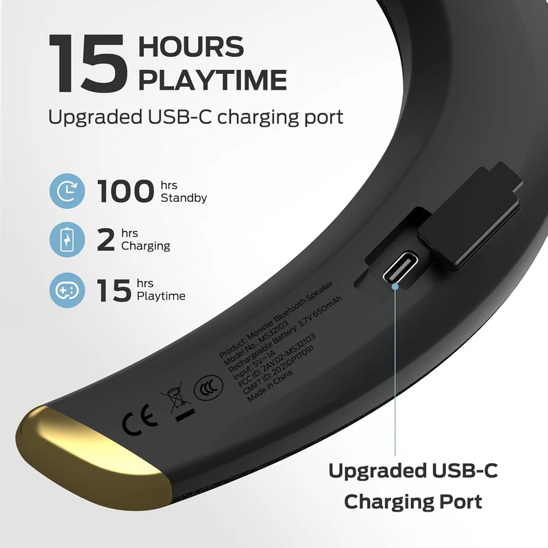 Monster Boomerang Petite Neckband Bluetooth Speakers, Neck Speaker with 15H Playtime, aptX High Fidelity 3D Stereo Sound, Low Latency, Built-in Mic, IPX5 Waterproof Wearable for Home Outdoor