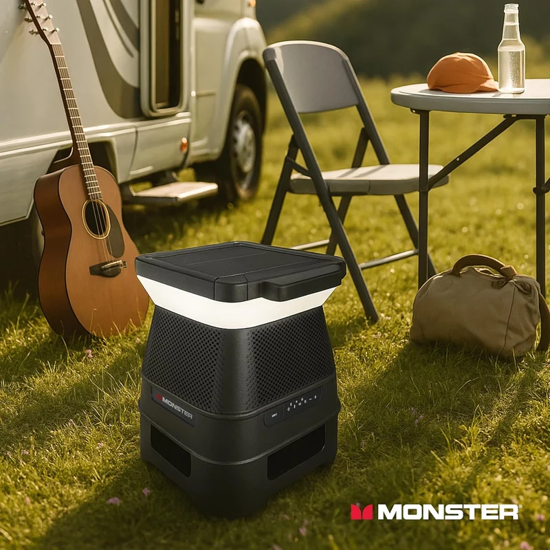 Monster Solar X Speaker - Bluetooth Wireless Solar Powered 360 Degree Sound with LED, Easy Connect, 8 Hours of Playtime and 30W Bass