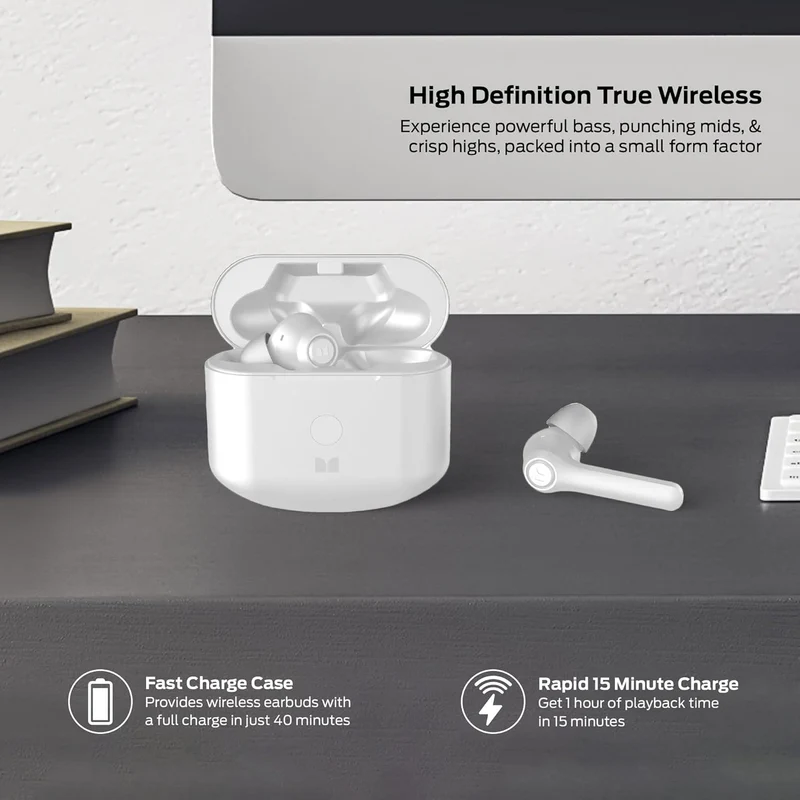 Monster Verse True Wireless Earbuds with Charging Case, Bluetooth 5.0 in-Ear Stereo Headphones, Built-in Mic for Clear Calls, USB-C Quick Charge (White)
