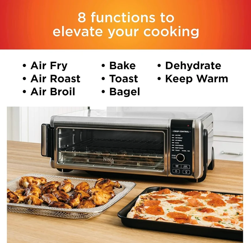 Ninja SP101 Digital Air Fry Countertop Oven with 8-in-1 Functionality, Flip Up & Away Capability for Storage Space, with Air Fry Basket, Wire Rack & Crumb Tray, Silver