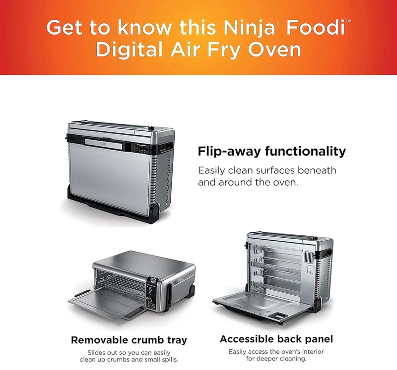 Ninja SP101 Digital Air Fry Countertop Oven with 8-in-1 Functionality, Flip Up & Away Capability for Storage Space, with Air Fry Basket, Wire Rack & Crumb Tray, Silver