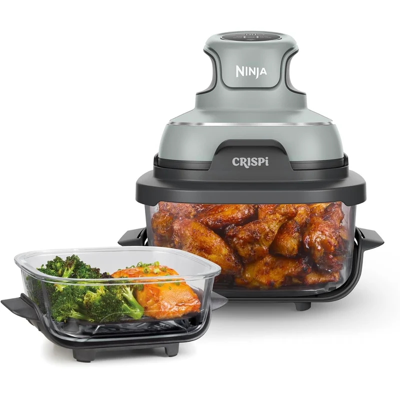 Ninja Crispi Air Fryer, Microwave, Freezer & Dishwasher Safe, Non Toxic Glass Portable Cooking System, 4 QT & 6 Cup - Green (FN101SG)