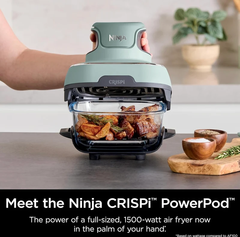 Ninja Crispi Air Fryer, Microwave, Freezer & Dishwasher Safe, Non Toxic Glass Portable Cooking System, 4 QT & 6 Cup - Green (FN101SG)