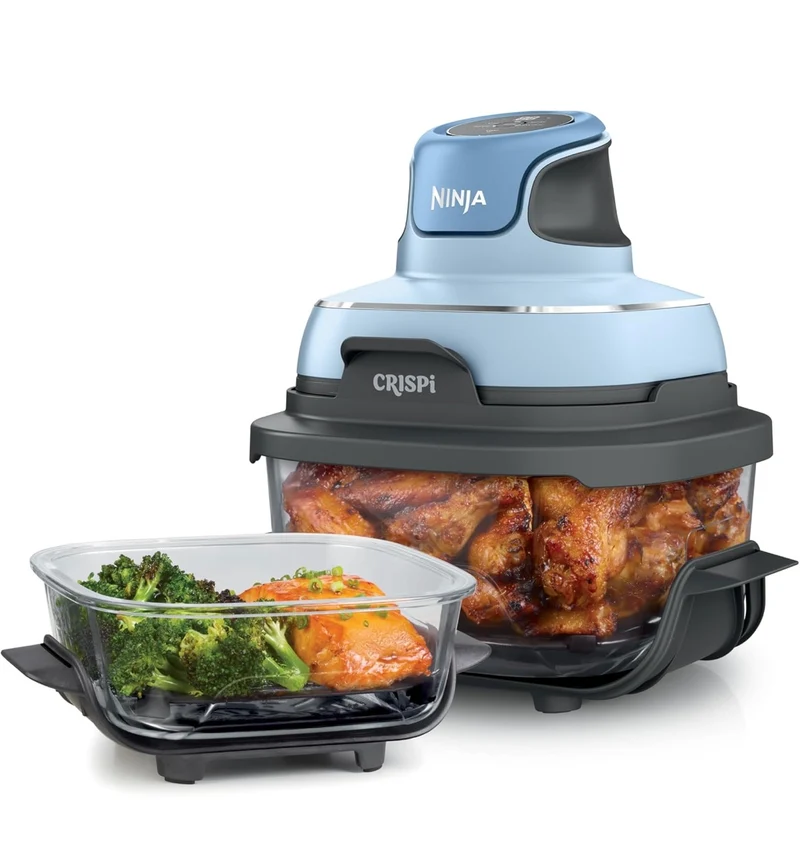 Ninja Crispi 4-in-1 Portable Glass Air Fryer Cooking System, 4QT & 6Cup Glass Containers with Storage Lids- Periwinkle, FN101PL