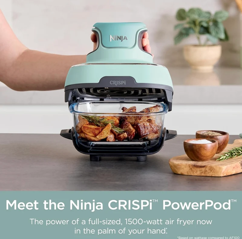Ninja Crispi 4-in-1 Portable Glass Air Fryer Cooking System, 4 QT & 6 Cup Glass Containers with Storage Lids - Mint, FN101MT