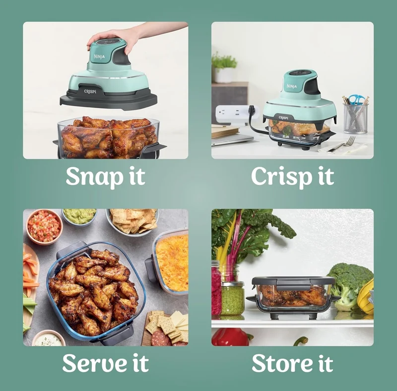 Ninja Crispi 4-in-1 Portable Glass Air Fryer Cooking System, 4 QT & 6 Cup Glass Containers with Storage Lids - Mint, FN101MT
