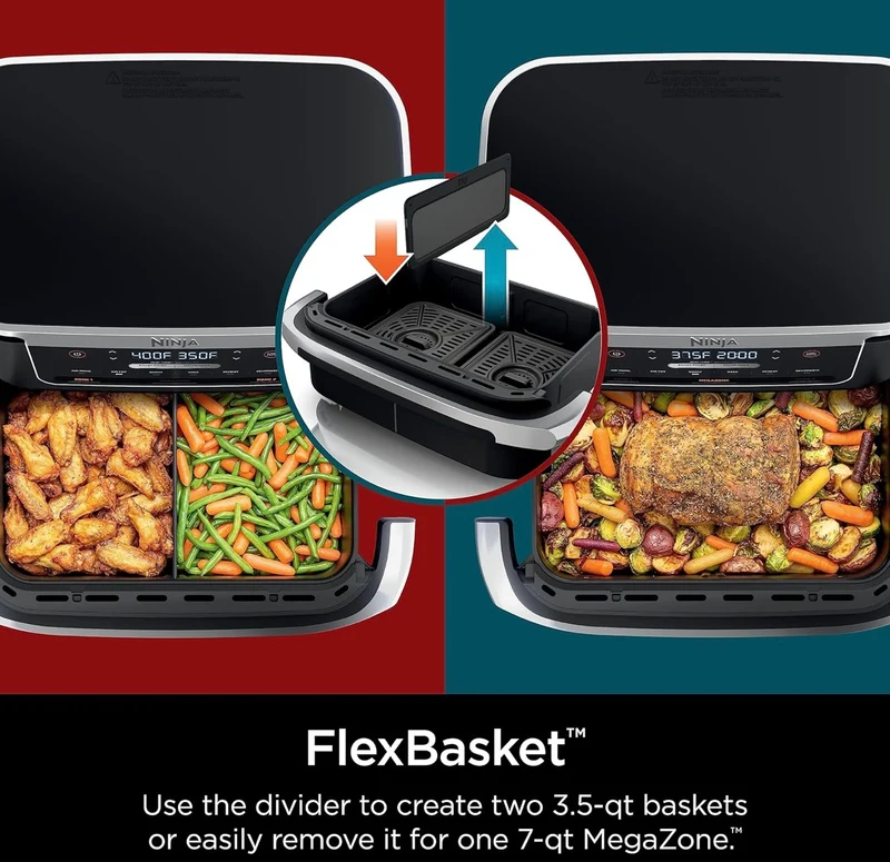 Ninja DZ071 Foodi 6-in-1 FlexBasket Air Fryer with 7-QT MegaZone & Basket Divider for Large Proteins & Full Meals, Smart Finish Cook 2 Foods 2 Ways, Family Sized Capacity, Air Fry, Roast & More - Black