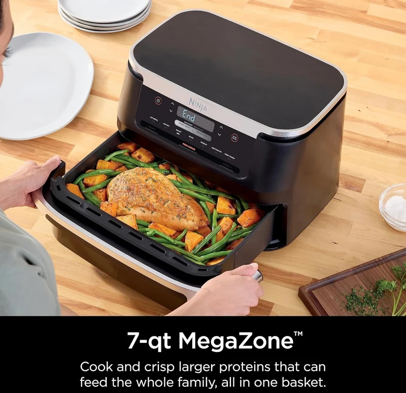 Ninja DZ071 Foodi 6-in-1 FlexBasket Air Fryer with 7-QT MegaZone & Basket Divider for Large Proteins & Full Meals, Smart Finish Cook 2 Foods 2 Ways, Family Sized Capacity, Air Fry, Roast & More - Black