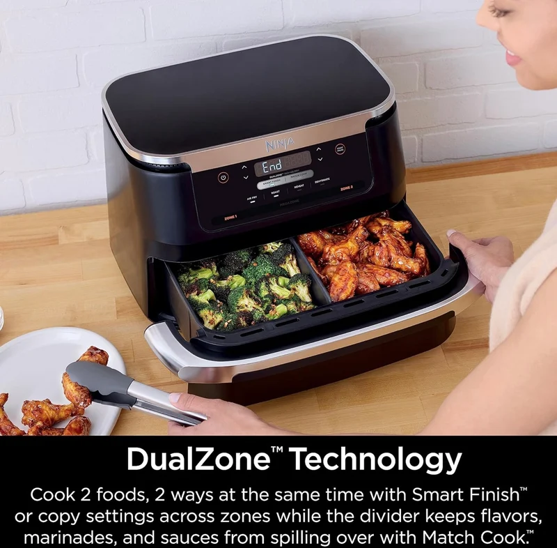 Ninja DZ071 Foodi 6-in-1 FlexBasket Air Fryer with 7-QT MegaZone & Basket Divider for Large Proteins & Full Meals, Smart Finish Cook 2 Foods 2 Ways, Family Sized Capacity, Air Fry, Roast & More - Black