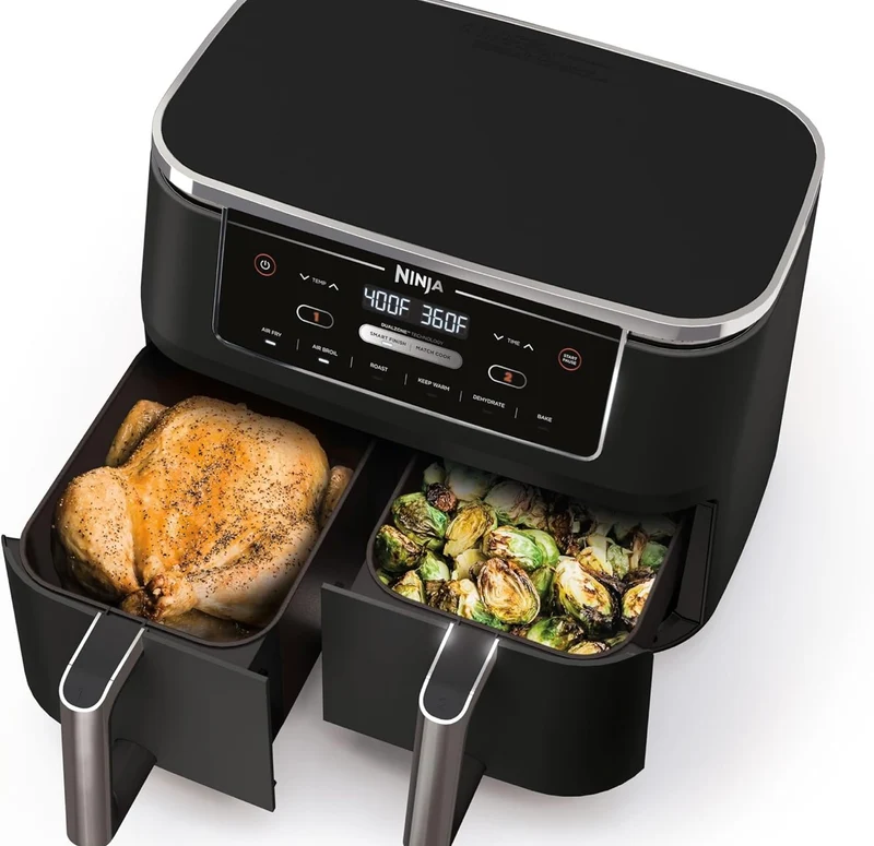 Ninja Air Fryer Finish Cooking Multiple Foods at the Same Time 6-in-1 (Air Fry, Broil, Roast, Keep Warm, Dehydrate, Bake) - 5 QT Baskets (DZ302)