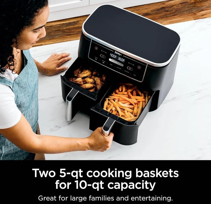 Ninja Air Fryer Finish Cooking Multiple Foods at the Same Time 6-in-1 (Air Fry, Broil, Roast, Keep Warm, Dehydrate, Bake) - 5 QT Baskets (DZ302)