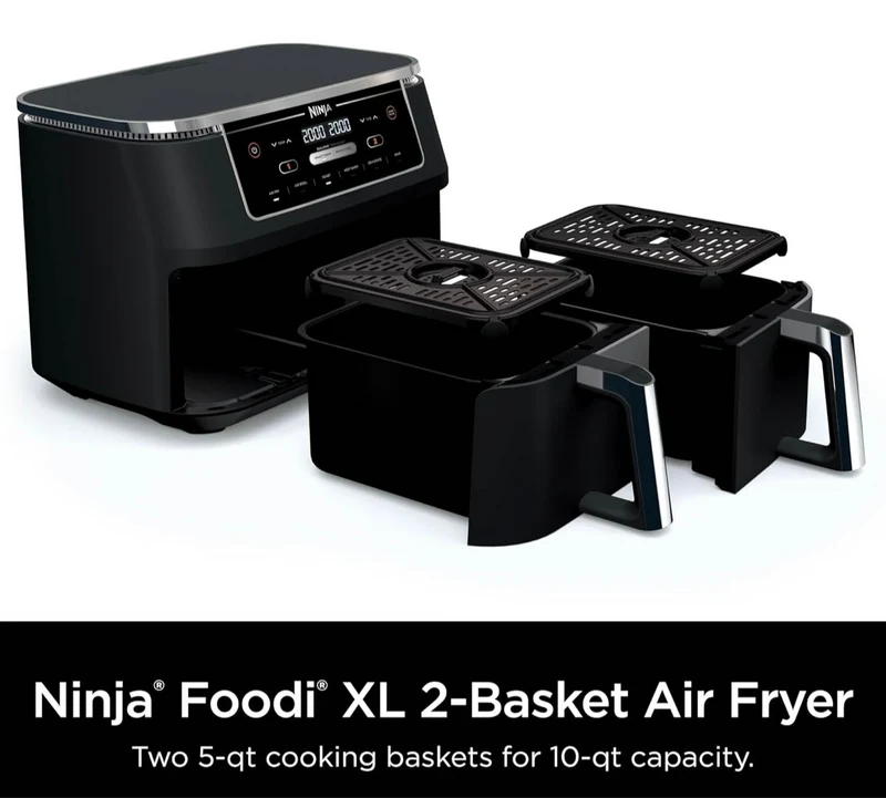Ninja Air Fryer Finish Cooking Multiple Foods at the Same Time 6-in-1 (Air Fry, Broil, Roast, Keep Warm, Dehydrate, Bake) - 5 QT Baskets (DZ302)